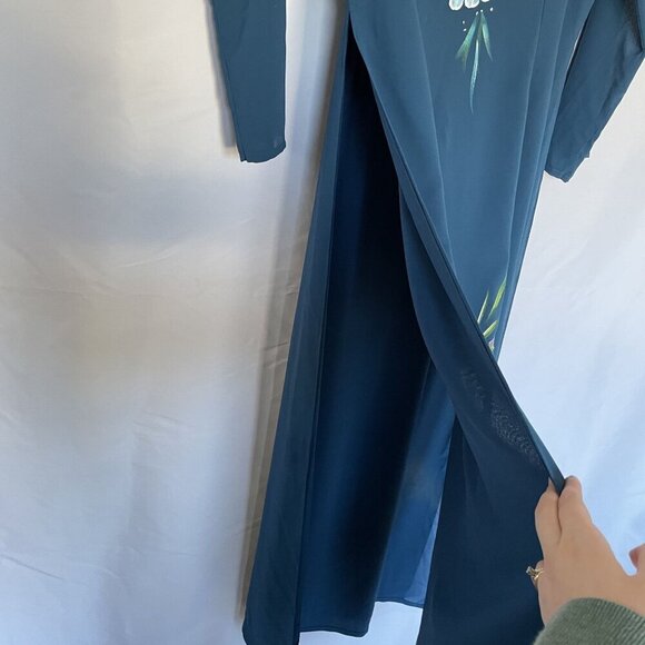 Vintage Teal Maxi Dress With Floral Hand-Painted Design & Long Sleeves high slit - Picture 7 of 10